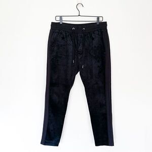 Black Velvet Star Embossed Elastic Waist Drawstring Straight Leg Tuxedo Stripe P